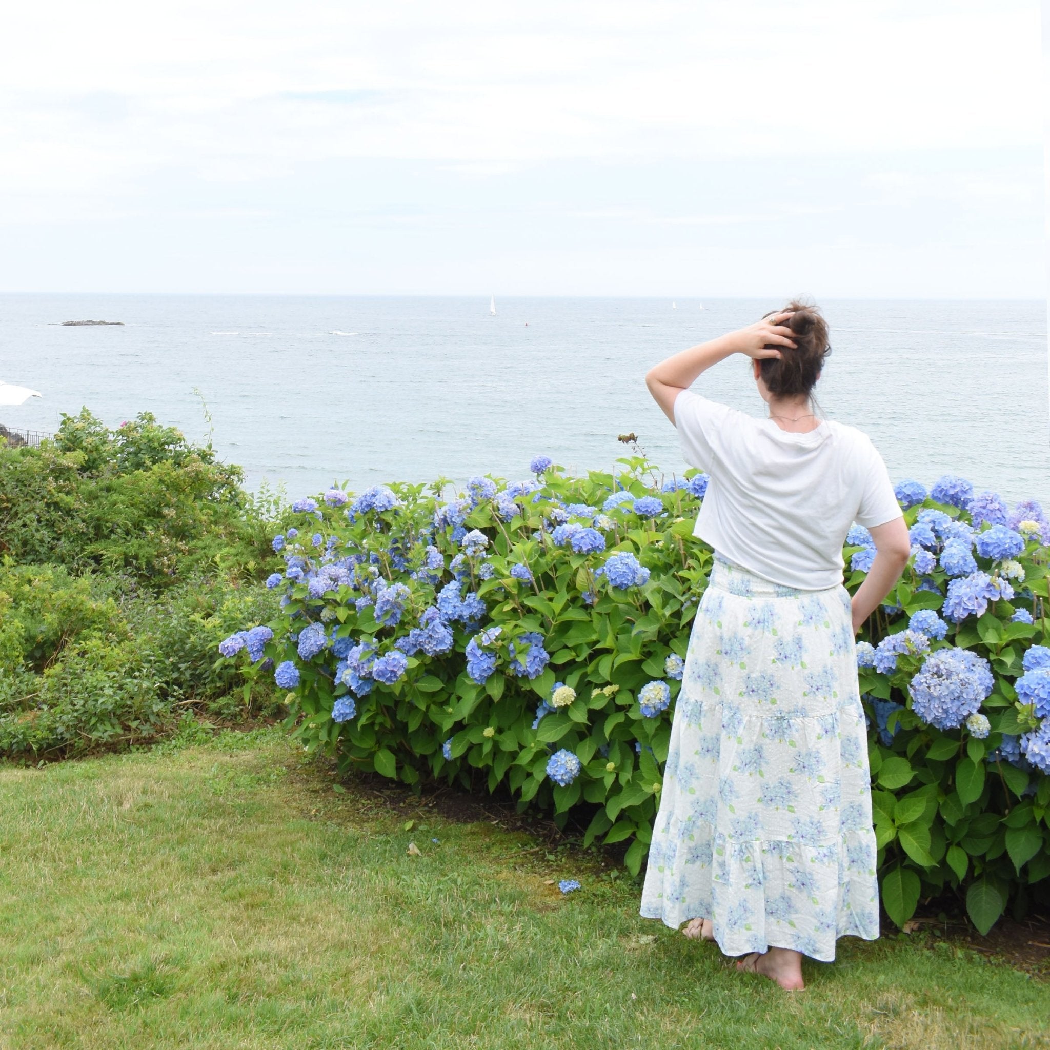 Sara Fitz Tiered Maxi Skirt Hydrangea Cotton Seersucker