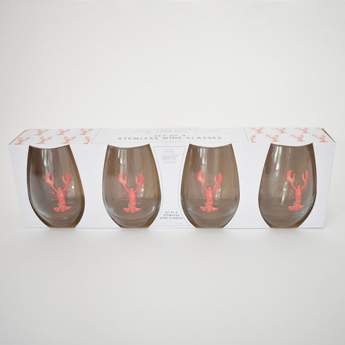 Sara Fitz Stemless Wine Glasses, Lobster—set of four 20 oz glasses with red lobster designs—come in a white, lobster-patterned box, stylishly presented against a plain white background.