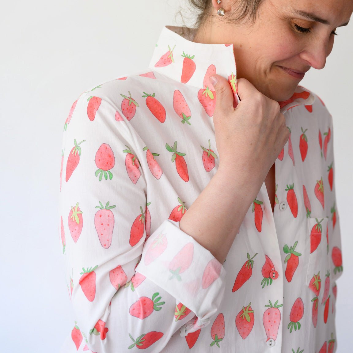 Sara Fitz Classic Shirt Dress Strawberry Cotton Midi