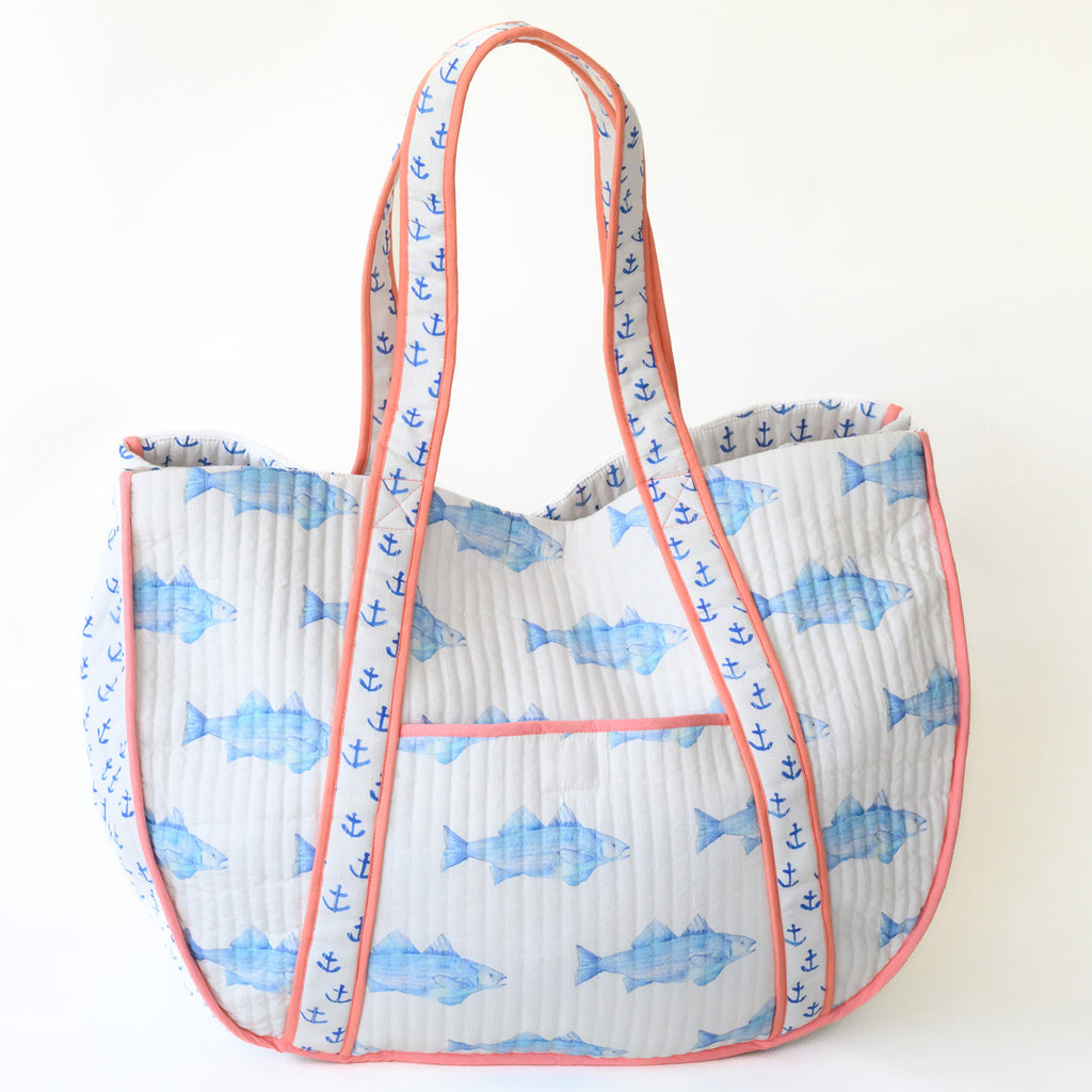 Expandable Tote, Blue Fish by Sara Fitz