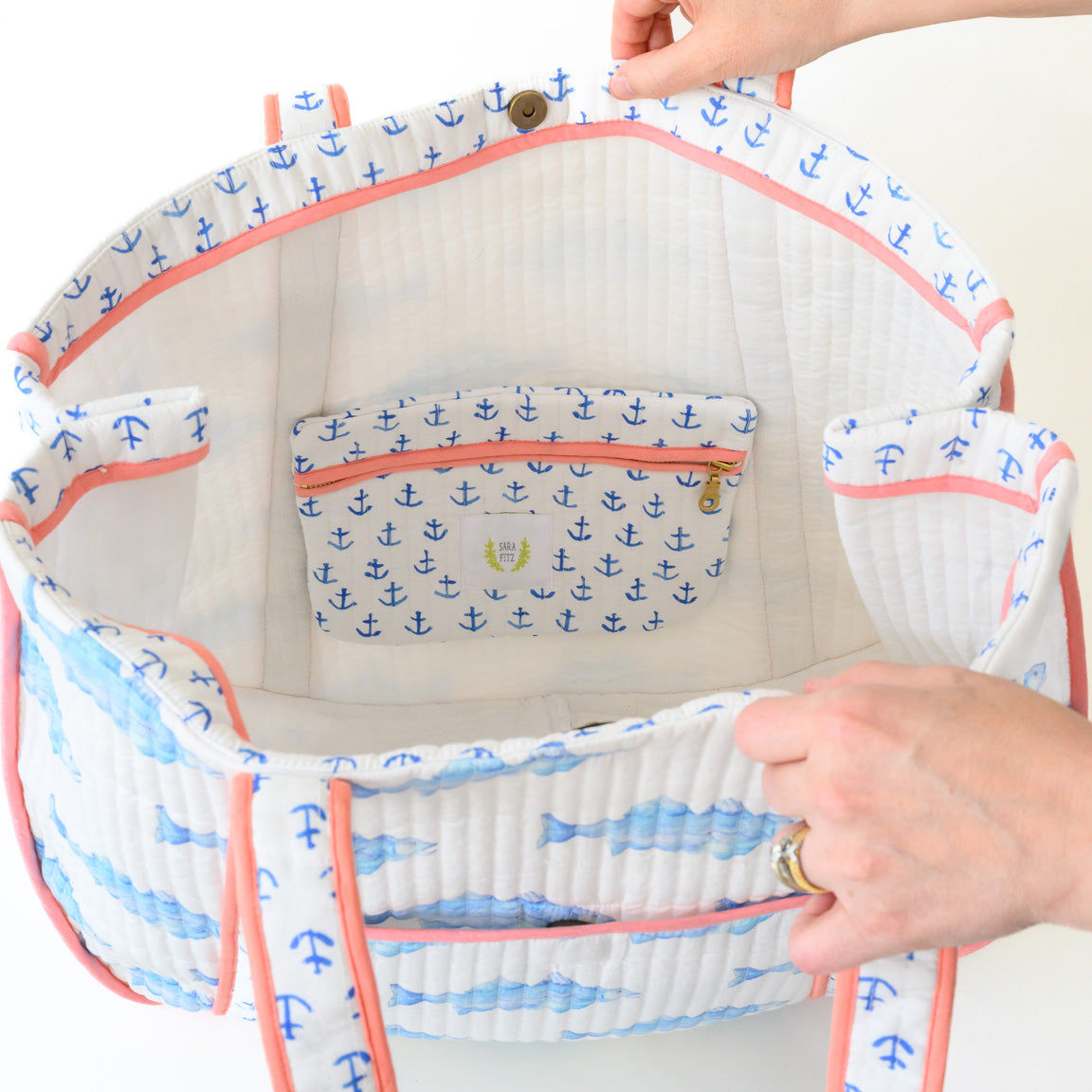 Expandable Tote, Blue Fish by Sara Fitz
