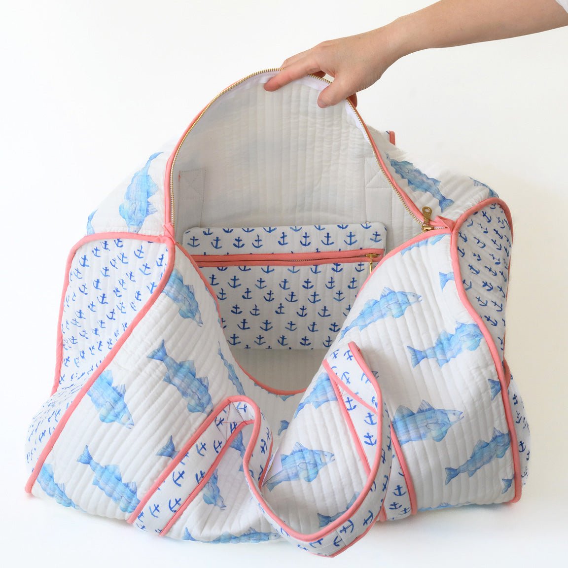 Sara Fitz Weekender Tote Blue Fish for Weekend Getaways