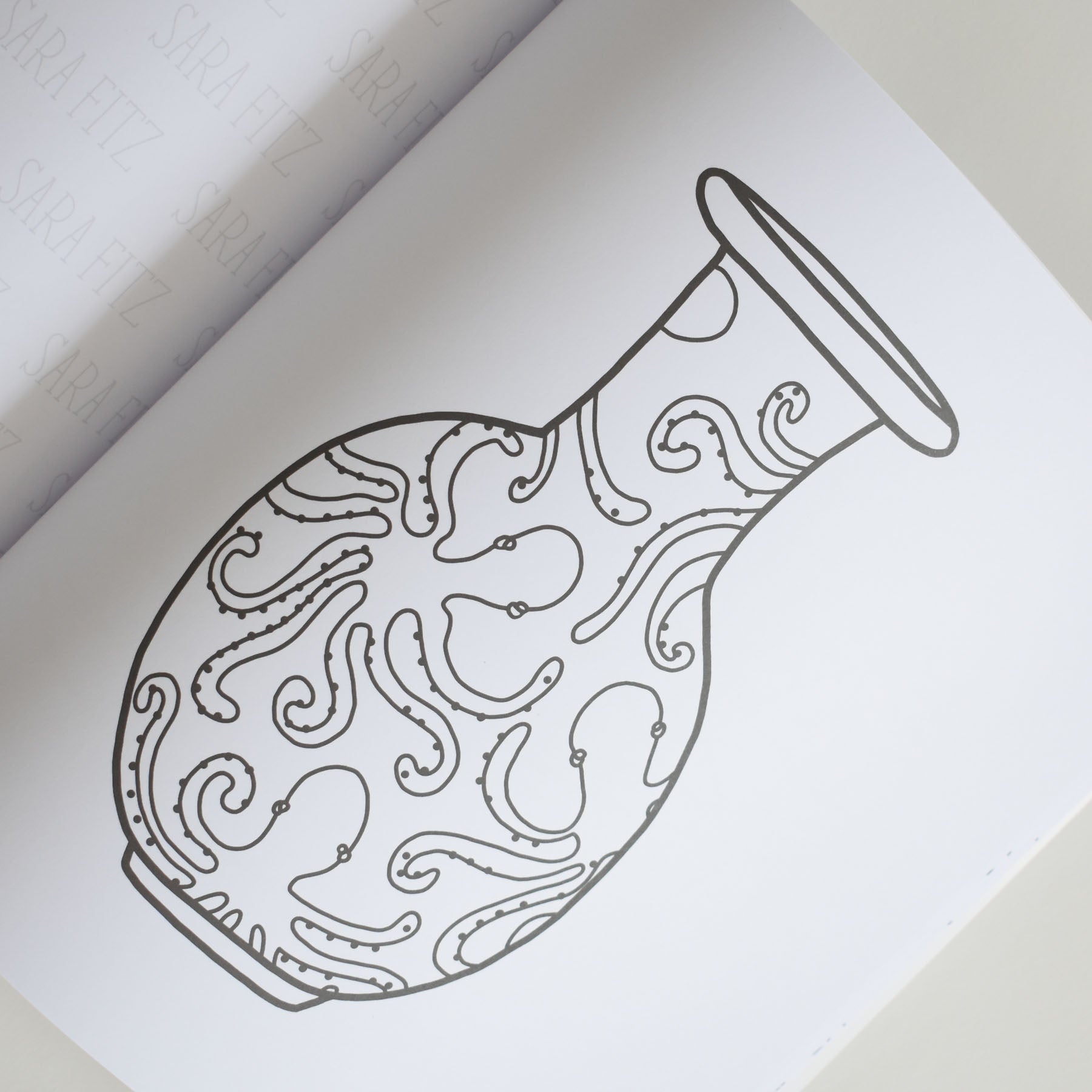 Black and white line drawing of a vase with a wide body and narrow neck, decorated with swirling, paisley-like patterns, on an open page from the Sara Fitz Coloring Book Seaside—reminiscent of the charming New England illustrations for which the brand is known.