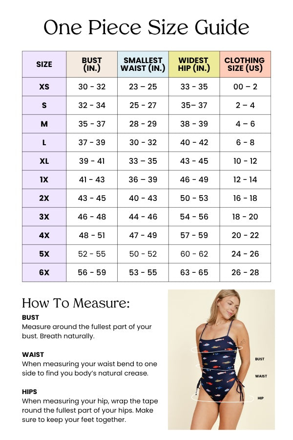 A size guide chart for the Kitty and Vibe Ruched Square Neck One Piece in Harbor (XS-6X) with bust, waist, hip, and clothing size measurements. Photo shows a woman in the navy suit with adjustable straps and includes measuring instructions.