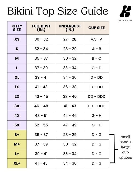 Kitty and Vibe’s Front Tie Top in Harbor bikini size guide—XS to XL+ rows show full bust, underbust, and cup sizes. M+, L+, XL+ offer small band/large cup options. Adjustable shoulder straps ensure fit. Logo top right.