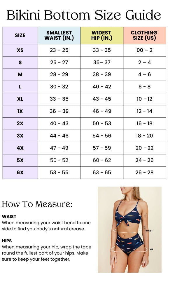 Kitty and Vibe’s Brief Bottoms in Harbor size guide (XS–6X) shows waist, hip, and US ranges. Find tips below plus a model in mid-rise, medium-coverage bottoms showing where to measure waist and hips.
