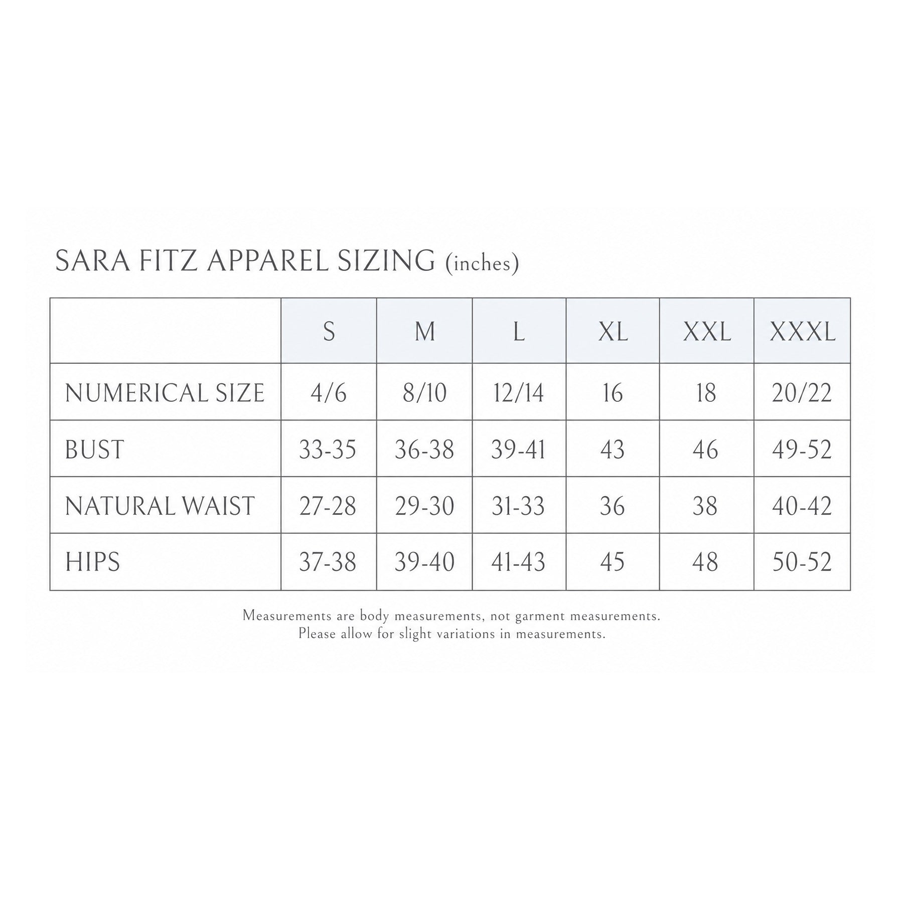 Sara Fitz Blue Lobster Sleep Shirt sizing chart displays sizes S to XXXL, including corresponding numerical sizes and body measurements in inches for bust, waist, and hips. These are body measurements—not garment dimensions—so you can find your best fit and enjoy comfortable sleepwear from Sara Fitz.