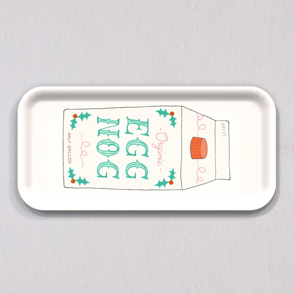 A Small Eggnog Tray in matte-finish birch wood, featuring a line drawing of an eggnog carton decorated with holly leaves and the text Organic Egg Nog.