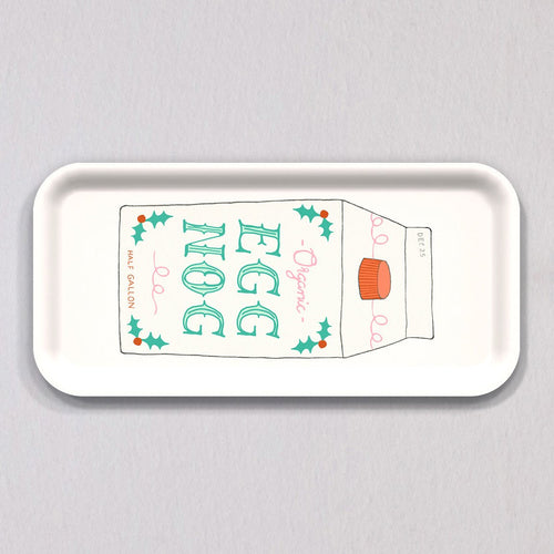A Small Eggnog Tray in matte-finish birch wood, featuring a line drawing of an eggnog carton decorated with holly leaves and the text Organic Egg Nog.