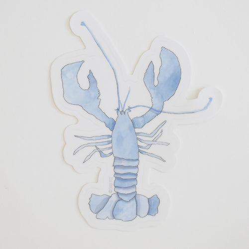 The Blue Lobster Sticker by Sara Fitz features a watercolor-style blue lobster with large claws and long antennae on a plain white, weatherproof vinyl background.