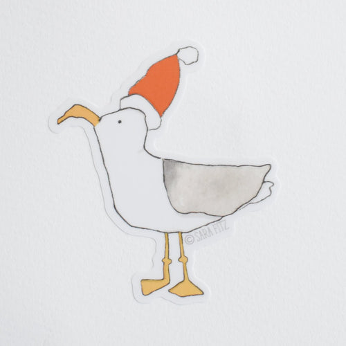 Watercolor illustration of a Santa Gull Sticker featuring a seagull wearing a red and white Santa hat.