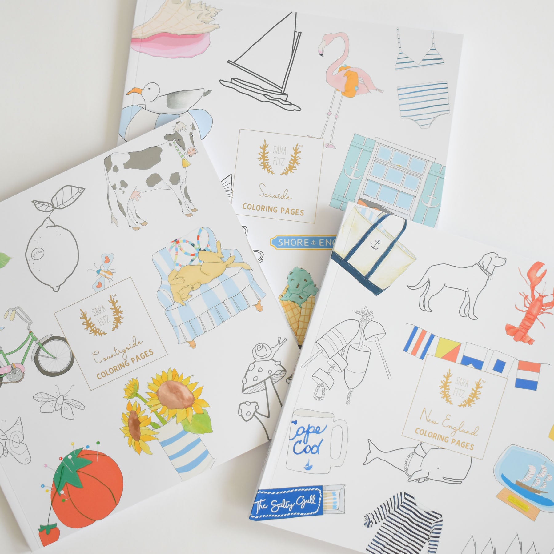 Three Sara Fitz coloring books—Coloring Book Seaside editions with illustrated covers inspired by New England, seaside, and summer themes—are arranged on a white surface. The covers feature charming illustrations such as a cow, seagull, sailboat, bicycle, watermelon, and beach decor. Each Sara Fitz Coloring Book Seaside is perfect for adult coloring enthusiasts who love New England style.