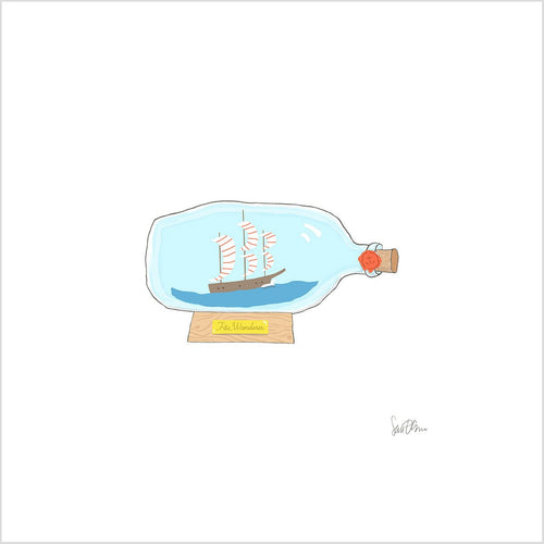 Sara Fitz "Boat in a Bottle" art print—features a model ship with red sails in a glass bottle on a wooden stand. Printed on acid free, velvet-textured paper; perfect for custom framing.