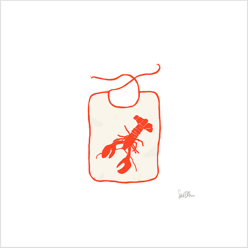 The Lobster Bib Art Print by Sara Fitz features a white bib with a red lobster and trim, displayed on acid-free velvet textured paper to ensure durability and vibrant detail.