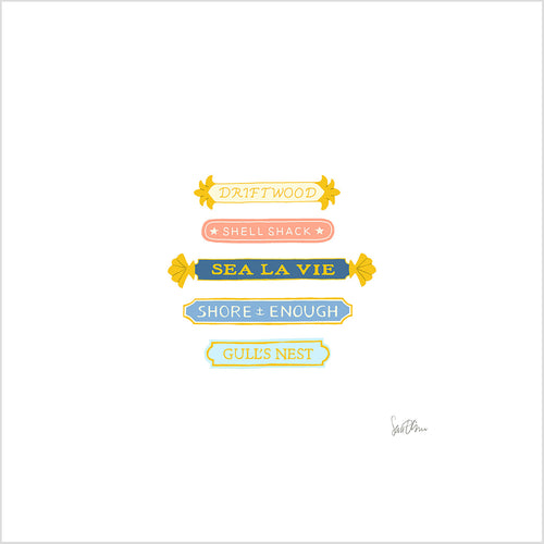 The Quarterboards Art Print by Sara Fitz features five vibrant beach-themed signs (“DRIFTWOOD,” “SHELL SHACK,” “SEA LA VIE,” “SHORE ENOUGH,” and “GULL’S NEST”) on archival, acid-free velvet paper—ideal for framing.