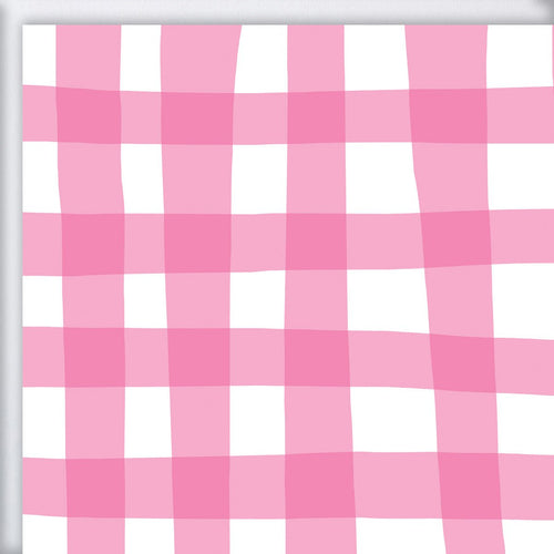 Pink Check Gift Wrap by Sara Fitz features a charming pink and white gingham pattern with hand-drawn, uneven lines on large eco-friendly sheets—ideal for stylish, sustainable gift wrapping.
